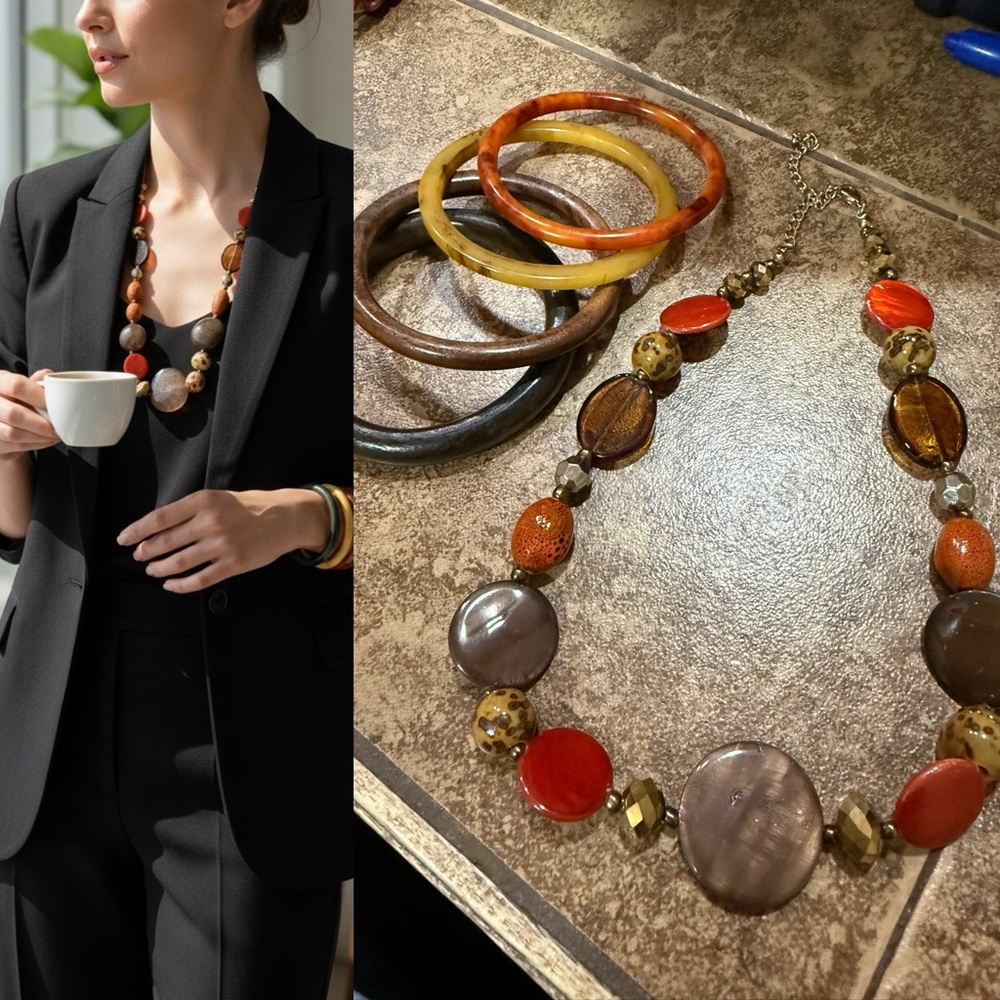 Boho Statement Necklace & Bangle Bracelet Set Earth Tone Chunky Beaded